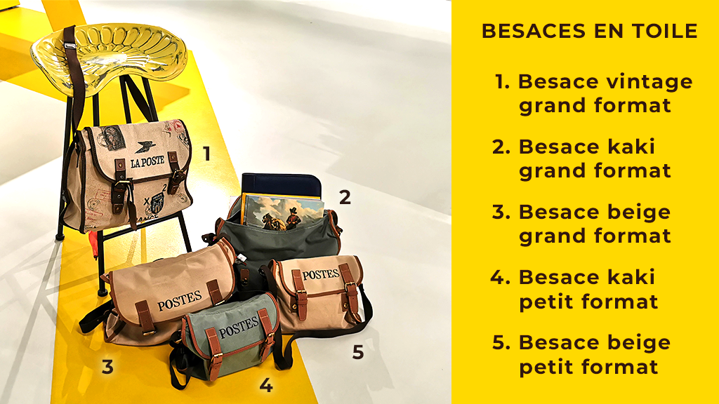 Photo des 5 besaces disponibles à la boutique du Musée